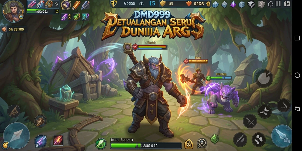 Screenshot gameplay DMD999 menampilkan pertarungan epik di dunia fantasi.