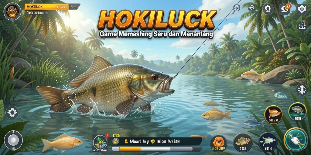 Screenshot dari gameplay HOKILUCK menunjukkan pengguna yang sedang memancing ikan besar.