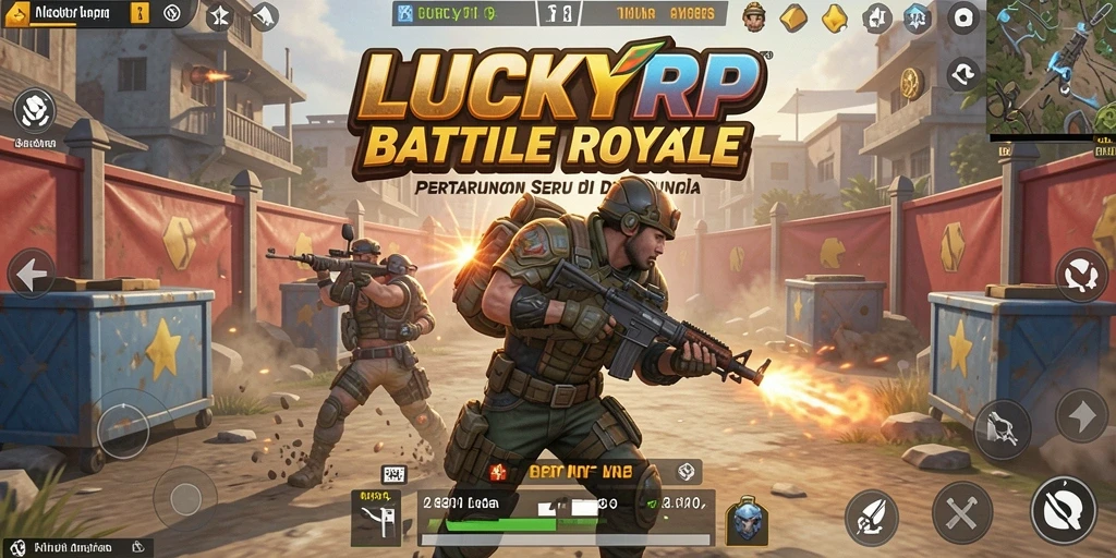 Tampilan gameplay LUCKYRP menampilkan aksi intens di arena Battle Royale.