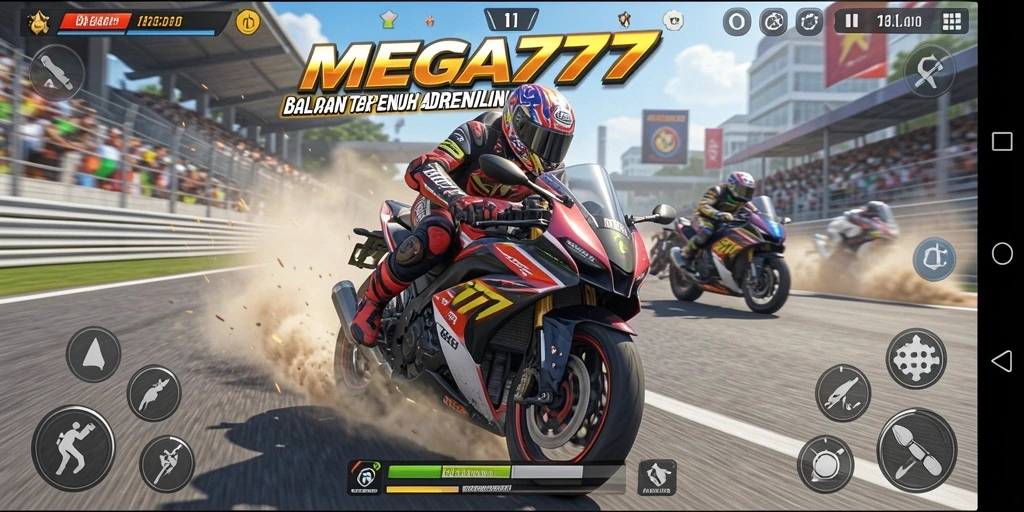 Tampilan gameplay MEGA777 yang seru dan mendebarkan saat balapan motor.