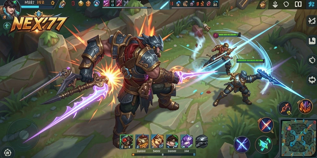 Tampilan gameplay MOBA yang mendebarkan dan penuh aksi.