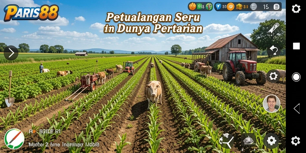 Tampilan gameplay PARIS88 yang menampilkan aktivitas bertani dan merawat hewan.