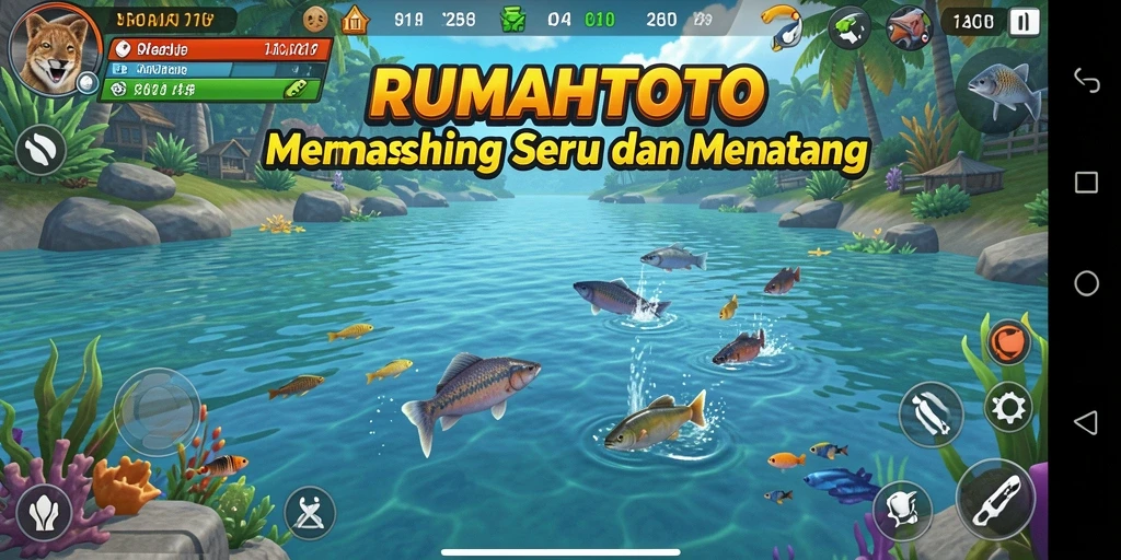 Tampilan gameplay RUMAHTOTO menampilkan aksi memancing yang mendebarkan.