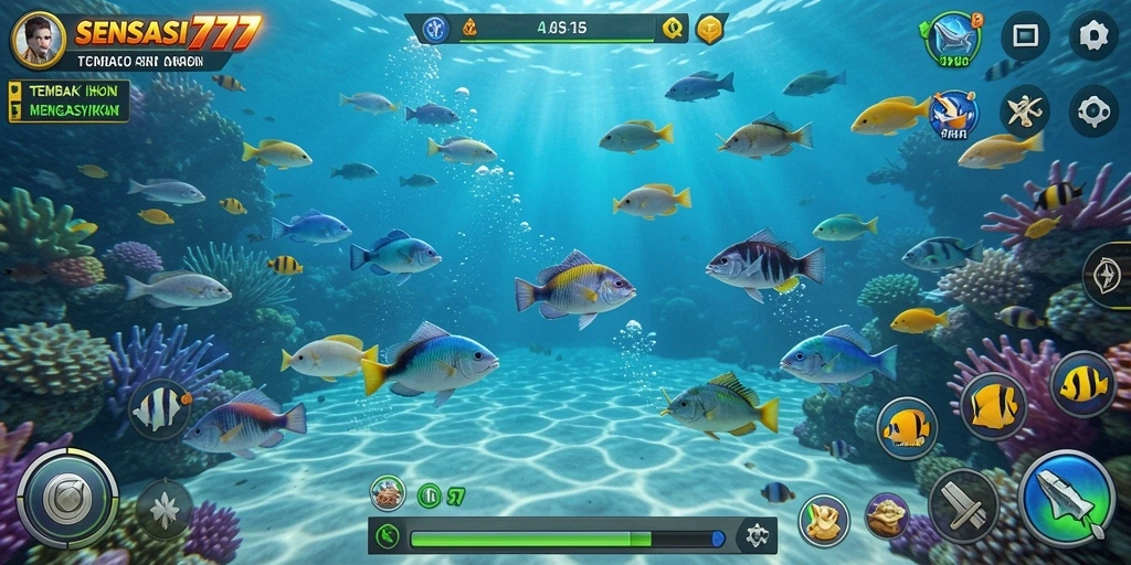 Tangkapan layar gameplay SENSASI777 menunjukkan aksi menembak ikan yang seru.